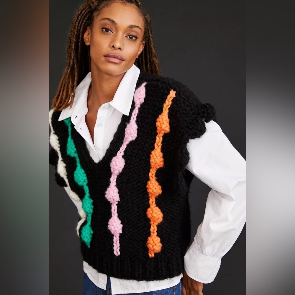 NWT ANTHROPOLOGIE BAUBLE CHUNKY KNIT PULLOVER SWEATER VEST TOP BLACK ONE SIZE